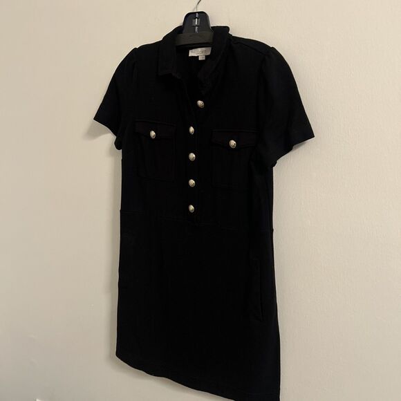 LOFT Womens Size 6 Black Short Sleeve Button Front Shift Dress Pockets - Picture 2 of 8
